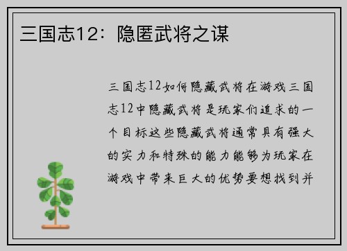 三国志12：隐匿武将之谋